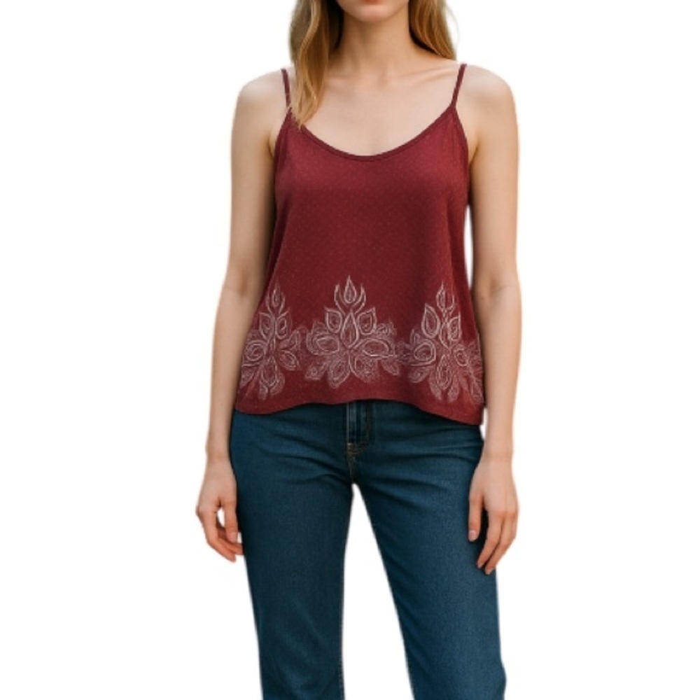 HARLOW Paisley Print Flowy Cami Tank Top Burgundy Adjustable Beachy Boho Size XL